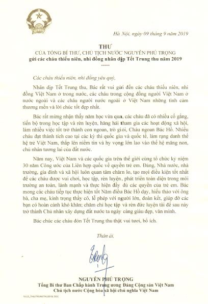 Thư chúc mừng tết Trung thu của Tổng Bí thư- Chủ Tịch nước Nguyễn Phú Trọng